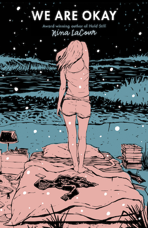 Cover of We Are Okay, featuring an illustration of a female figure standing on a bed resting on a beach