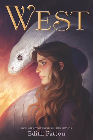 Cover of West, featuring a young brunette standing next to a large white snake