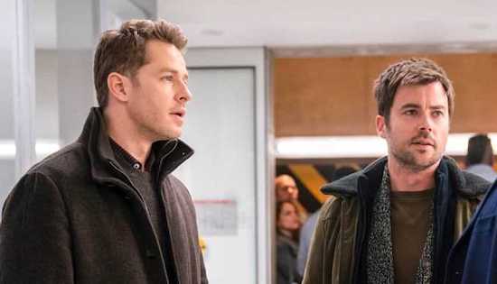 Josh Dallas and Matt Long talk to a person outside of the photo