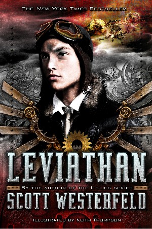 Cover of Leviathan, with a white teen wearing a pilot cap and goggles surrounded by gears and an aircraft in the background