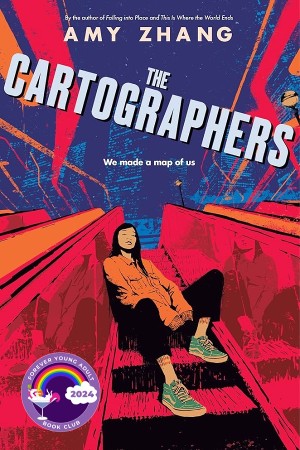 Cover of The Cartographers, with a young Asian American woman in a bright orange jacket sitting on a hot pink escalator