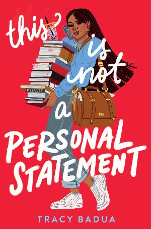 Cover of This Is Not a Personal Statement, with a young Filipina woman holding a pile of books with a phone to her ear against a red background