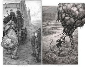 Black and white illustrations of giant wolf pulling a tank-style wagon and a figure being hauled into the air by a jellyfish looking creature shaped like a hot air balloon
