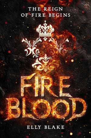 Cover of Fireblood, featuring a filigree ornament on fire on top of a field burning embers.