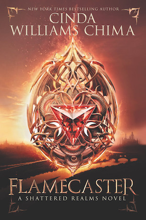 Cover of Flamecaster, featuring a large ornate piece of metallic jewelry with a triangular red gem in the middle