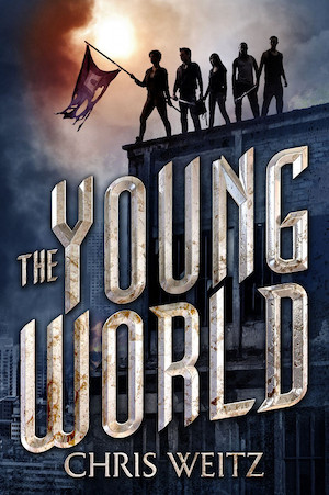 Cover of The Young World, featuring a group of young folks standing on top of a building, one of whom is holding a ratty flag