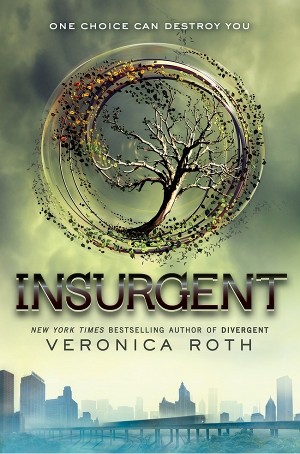 Cover of Insurgent, with the symbol of a tree surrounded by a circle above a city skyline