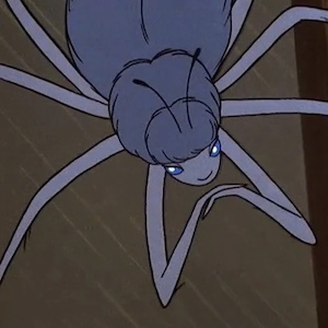 A purple animated spider holds her front "arms" together