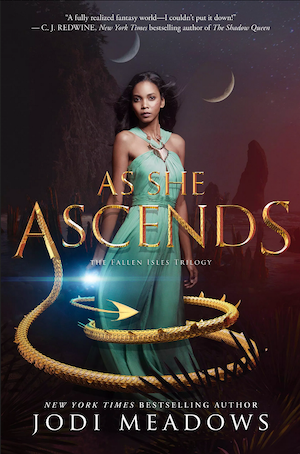 Cover of As She Ascends, featuring a young Black woman in a blue dress surrounded by a gold dragon's tail.