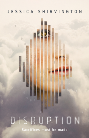 Cover of Disruption, featuring a young woman's face sliced into strips over a background of while clouds