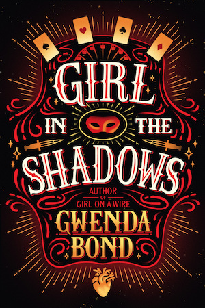 Cover of Girl in the Shadows, featuring tattoo-like elements such as playing cards and an anatomical heart around the title