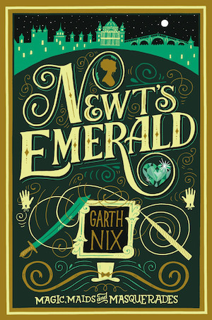 Cover of Newt's Emerald, featuring illustrated elements including an emerald, gloves, a sword, a whip, a topcoat, and a cityscape