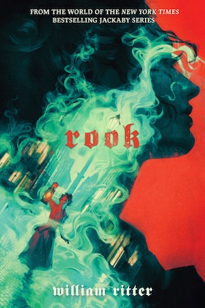 Cover of Rook, featuring a large woman's face turned away from the viewer with green smoke rising up in front of it