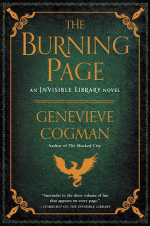 Cover of The Burning Page, featuring a fancy border and dragon on a green background
