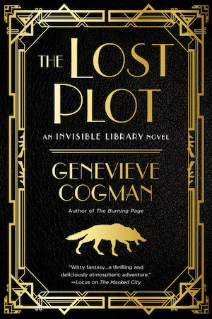Cover of The Lost Plot, featuring a gold art deco border and wolf on a black background