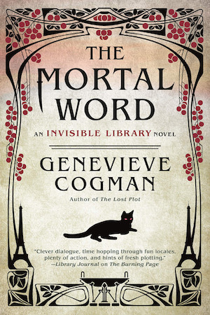 Cover of The Mortal Word, featuring an art deco border and cat on a cream background