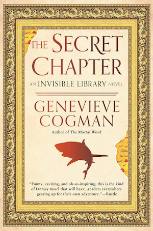 Cover of The Secret Chapter, featuring an ornate frame and shark on a ripped parchment background