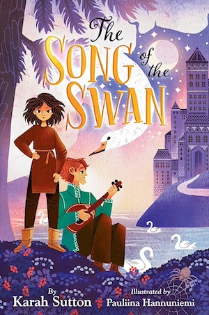 Cover of Song of the Swan, featuring a young girl and boy on the bank of a lake with a purple castle in the background