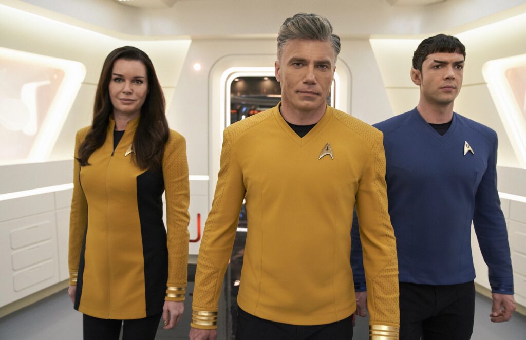 Rebecca Romjin as Number One, Anson Mount as Christopher Pike, and Ethan Peck as Spock in Strange New Worlds