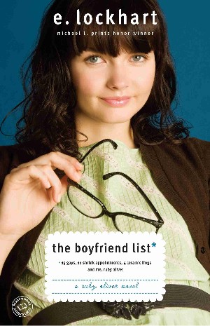 Cover of The Boyfriend List, with a white brunette girl (with bangs and long hair) half smiling at the viewer while holding a pair of eyeglasses