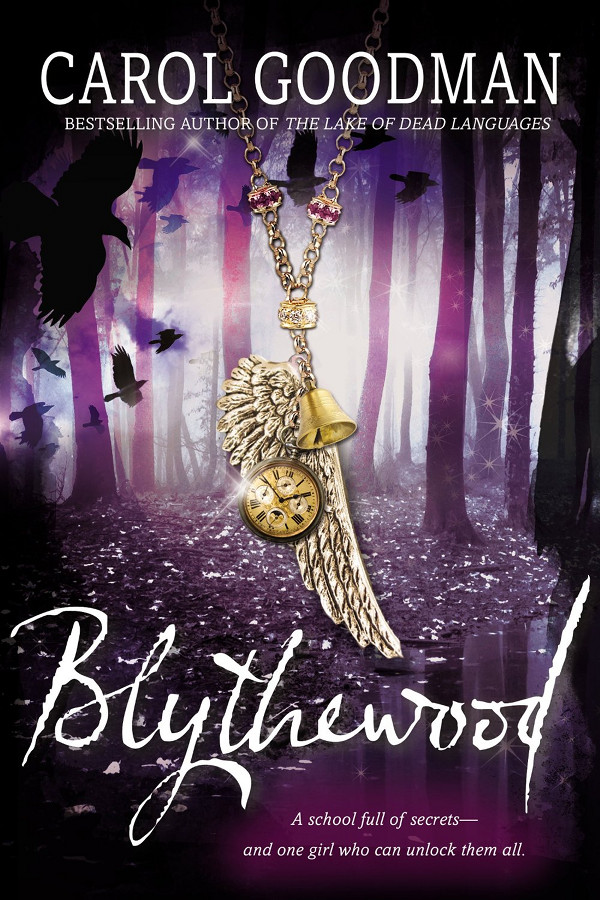 Cover of Blythewood, featuring a necklace with a wing, gold bell, and watch in front of a purple-hued forest scene