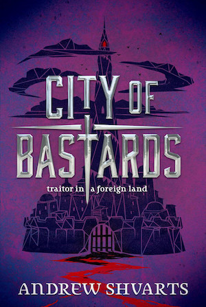 Cover of City of Bastards, featuring a castle on a purple background overlaid by the title in silver