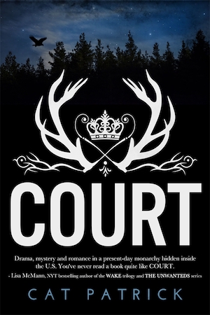 Cover of Court, featuring a crest made of antlers and a crown over a forest at night
