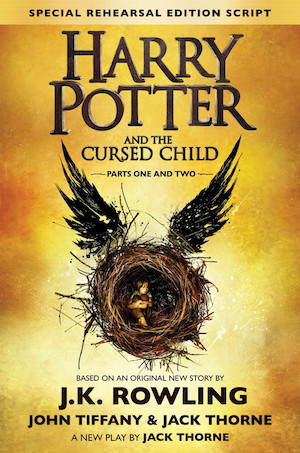 Cover of The Cursed Child, featuring a child sitting in a nest with wings above it