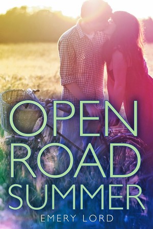 Cover of Open Road Summer, with a white girl and boy kissing while standing by a bike in a field