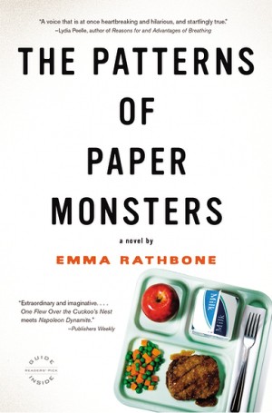 Cover of The Patterns of Paper Monsters, with a cafeteria tray (filled with an apple, a milk, peas and carrots and slice of meatloaf) against a stark white background