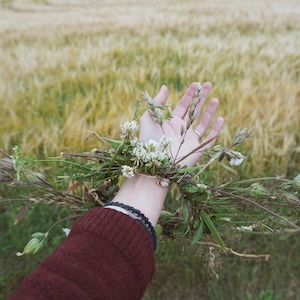 A white hand with a bracelet of wild flowers and greens reaching out over a meadow