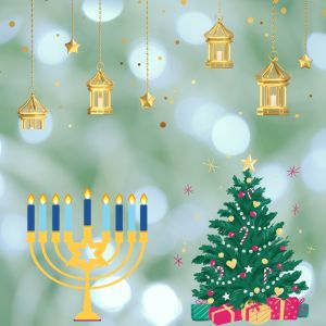 Lanterns, a menorah, and a christmas tree on a green background.