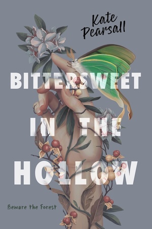 Cover of Bittersweet in the Hollow, featuring a white hand wrapped in berry branches and a luna moth