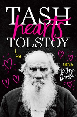 Cover of Tash Hearts Tolstoy, featuring a black and white portrait of Tolstoy surrounded by pink heart doodles