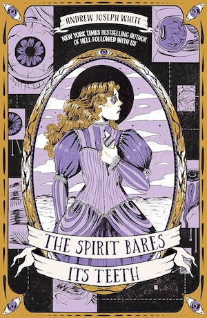 Cover of The Spirit Bares Its Teeth, featuring a female figure with violet eyes holding a jagged shard of mirror surrounded by eyes