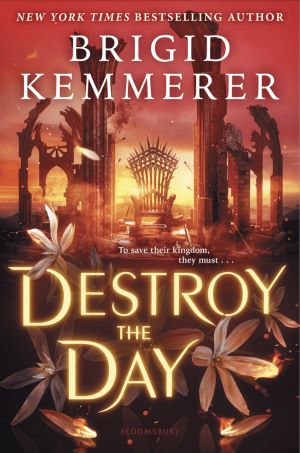 A throne sits amongst a destroyed and crumbling building in orange sunlight while moonflowers fly out past the title towards the reader.
