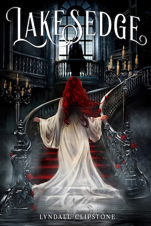 Cover of Lakesedge, featuring a woman in a white dress with red hair walking up a spooky staircase