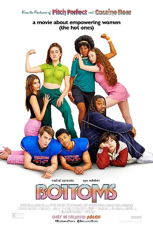 Poster for Bottoms, with a white girl and a Black girl flexing their non-existent biceps while two hot girls cling to them and two football players pose on the floor at their feet