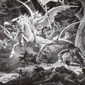 A depiction of Leszek the Black’s Dream, an figure with wings riding on a white horse next to fallen soldiers.
