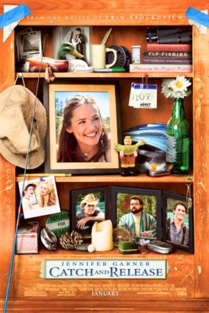 A bookshelf featuring photos of the characters and different objects that relate to the movie.