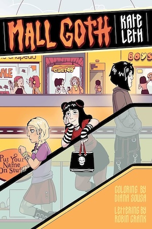 Cover of Mall Goth, featuring a young goth girl on an escalator in front of a bunch of mall stores