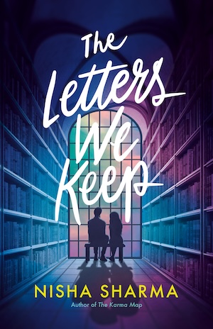 Cover of The Letters We Keep, featuring two figures in front of a stained glass window at the end of floor-to-ceiling bookshelves