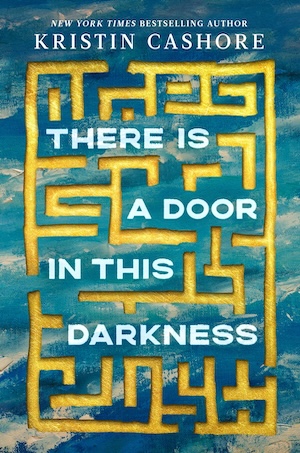 Cover of There is a Door in this Darkness, featuring a yellow maze on a painted blue background