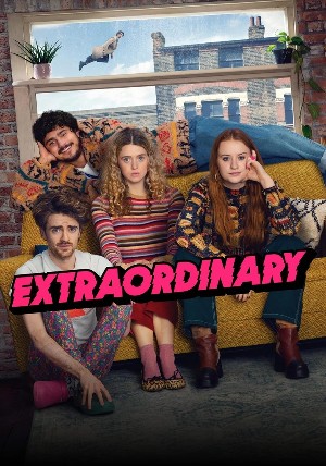 Poster for Extraordinary, with four misfits sitting on a couch and looking awkward/confused