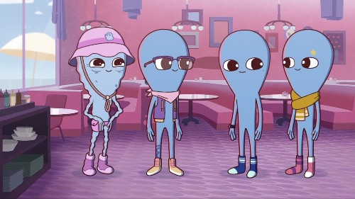 Four cute blue aliens (with rounded heads) stand looking at each other in a restaurant. They all have socks on and one has a pink bucket hat, while another has a scarf, and another is wearing a vest and glasses