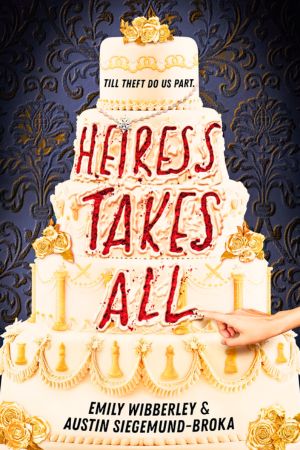 A 5-tiered wedding cake sits in front of a purple filagree background, with the name of the book written in the cake’s frosting, and a hand finishing the “l” in “all”.