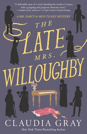 Cover of The Late Mrs. Willoughby, featuring a dead woman in red surrounded by various person silhouettes