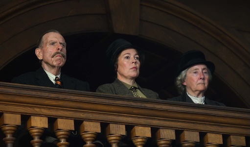 Timothy Spall as Edward, Olivia Coleman as Edith, and Gemma Jones as Victoria in a courtroom in Wicked Little Letters