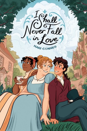 Cover of I Shall Never Fall in Love, featuring three figures sitting next to each other, one a Black woman, one a white woman, and one a male-presenting person