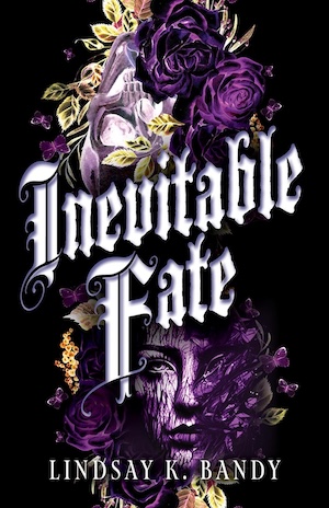 Cover of Inevitable Fate, featuring gothic imagery of a skull, face, and purple flowers